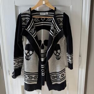 RD Style Black/Cream Skull Open Front Cardigan Sweater, Grunge/Goth, Size S, EUC